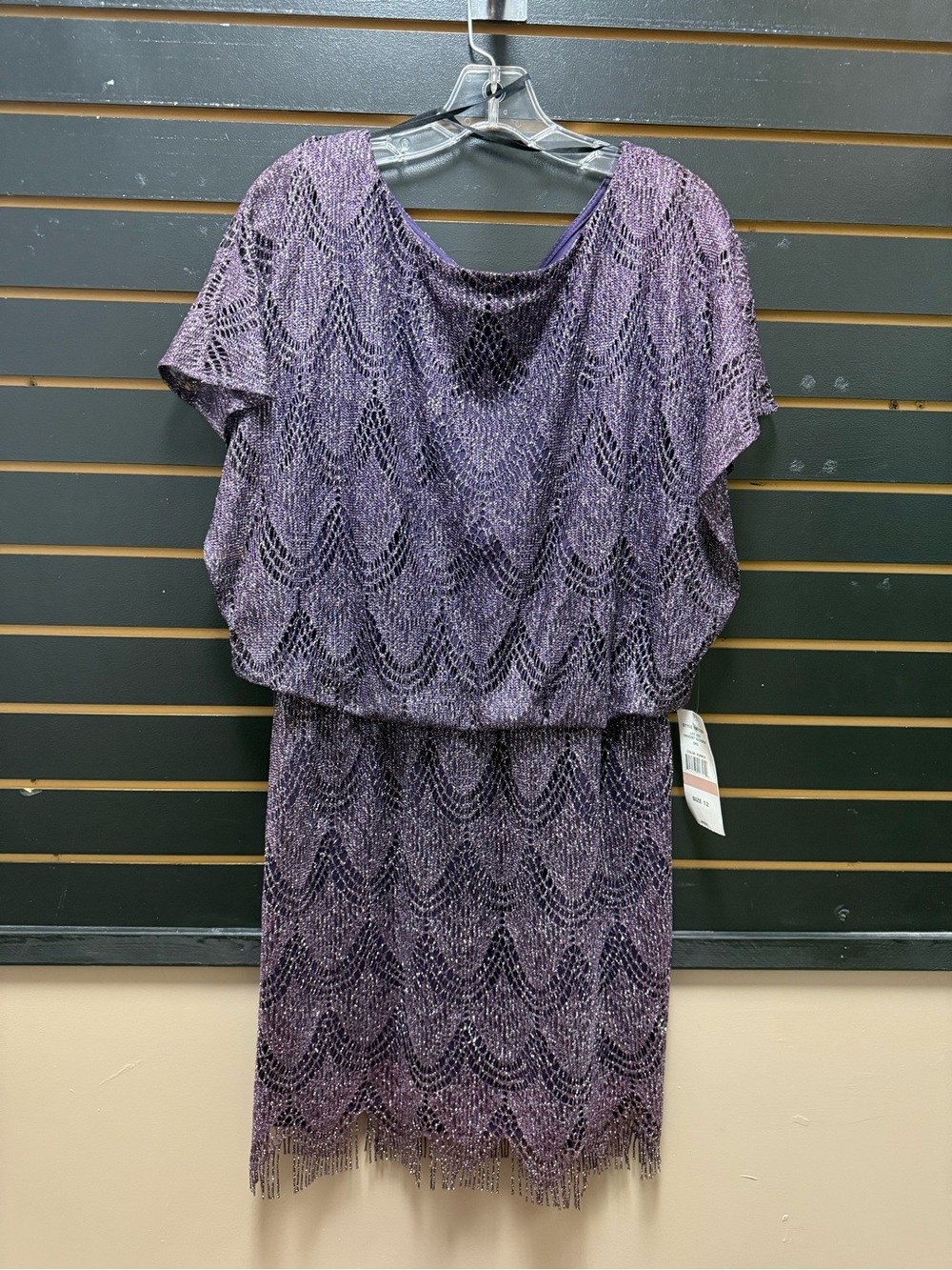 S.L. Fashions Purple Metallic Crochet Blouson Dress NWT Size 12 Fringe Hem